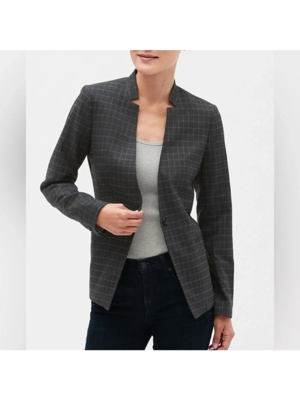Banana Republic Blazer Jacket Size 8 Fully Lined Gray Plaid Single Button Closur